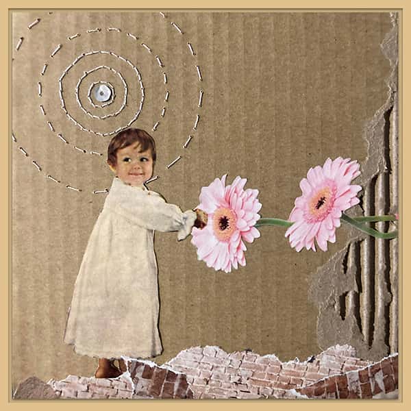 kleiner Junge fässt eine Blume an und steht auf einer kaputten Mauer in einem Natur Schattenfugenrahmen