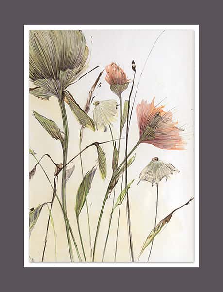 Naturzeichnung stellt Blumen mit farbigen Blüten, Gräser und Halme dar auf einem anthrazit Passepartout 2