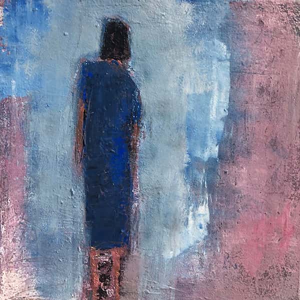 Eine abstrakte Malerei von einer Person mit blauem Kleid