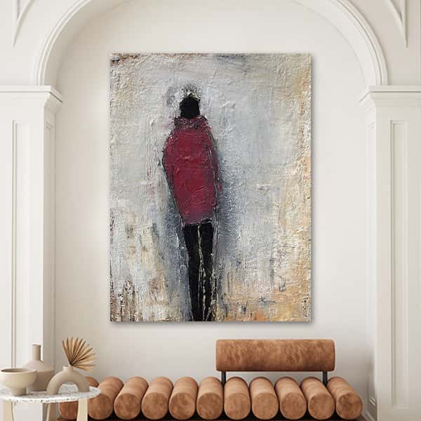 Eine abstrakte Malerei einer schwarzen Person mit einem roten Pullover in einem Raummilieu