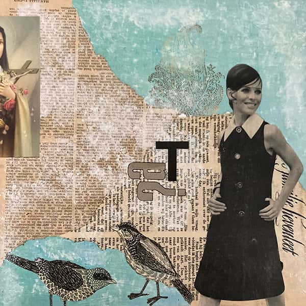 eine Frau in schwarzweiß im Hintergrund eine Zeitung und zwei Vögel