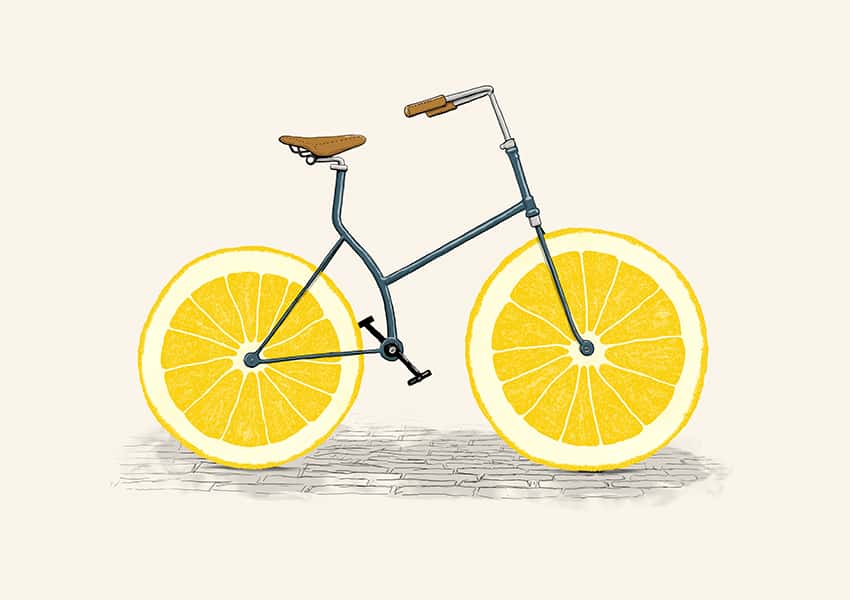 Ein Fahrrad mit Zitronenscheiben als Räder.