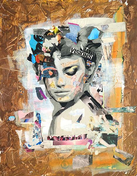 Eine junge Frau mit geschlossenen Augen in einer Collage 