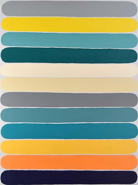 Eine Anreihung von zwölf Farben darunter gelb, blau, grau und orange als Streifen