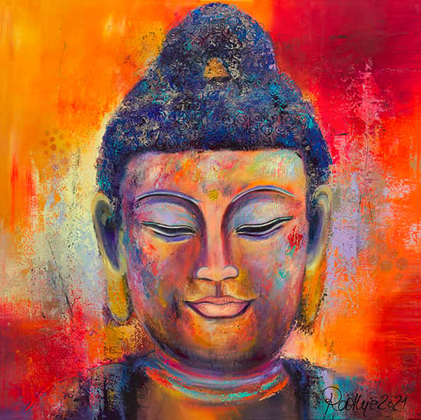 Porträt eines Buddhas vor rotem und orangem Hintergrund 
