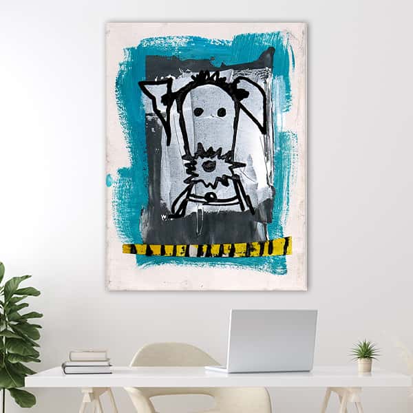 Abstrakte Malerei von einem Hund in einem grauen rahmen mit türkiser Umrandung in einem Raummilieu