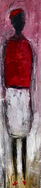 Eine abstrakte Malerei von einer Person in schwarz auf rot weißem Hintergrund