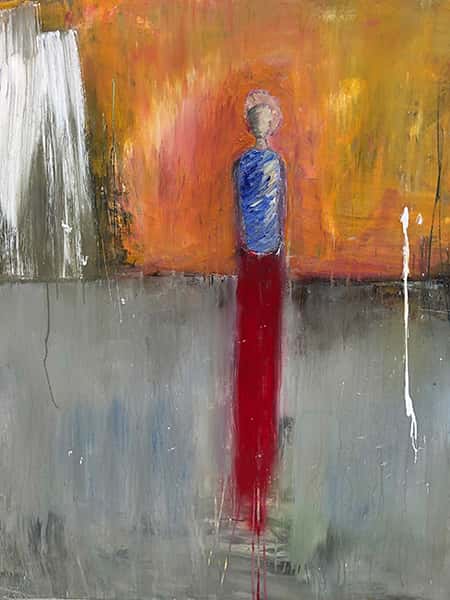 Eine abstrakte Malerei einer Person mit blauem Pullover und einer roten Hose
