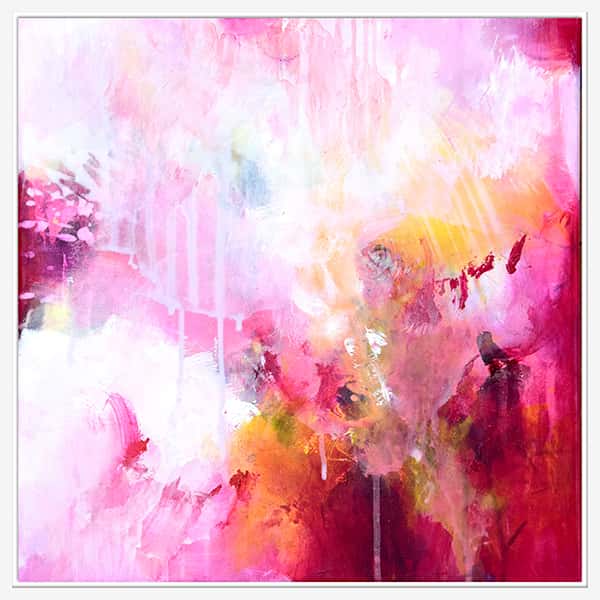 abstraktes Bild in den Farben pink und weiße Flecken  in einem weißen Schattenfugenrahmen