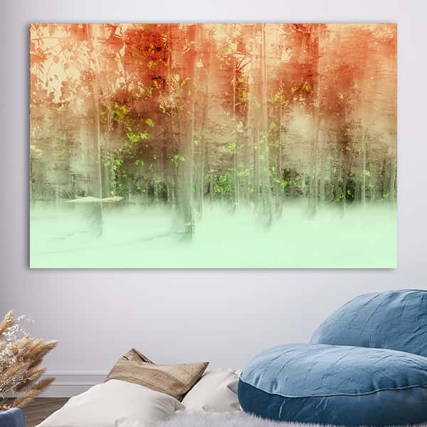 Der Blick auf einen Wald in Minz und Appricot Tönen in einem Raummileu