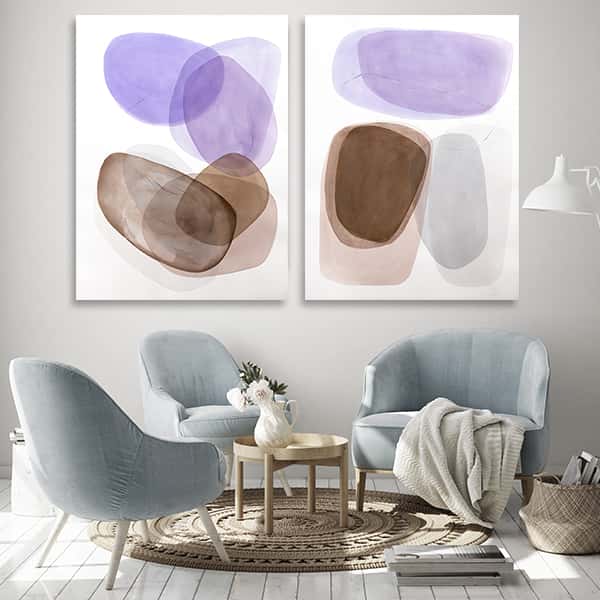 Runde Ovale Formen in lila und braunen Farben auf weißem Hintergrund & Runde Ovale Formenbraun, lila und grauen Farben auf weißem Hintergrund in einem Raummilieu als Bundle
