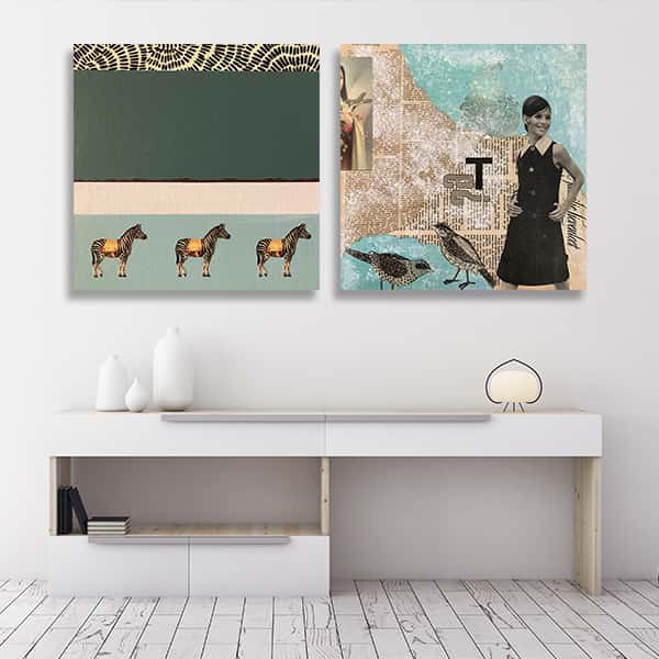 drei Zebras auf türkisem Hintergrund und braunes und grünes Rechteck drüber & eine Frau in schwarzweiß im Hintergrund eine Zeitung und zwei Vögel als Bundle in einem Raummilieu