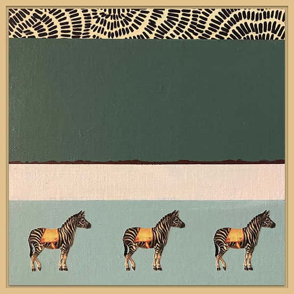 drei Zebras auf türkisem Hintergrund und braunes und grünes Rechteck drüber in einem Natur Schattenfugenrahmen