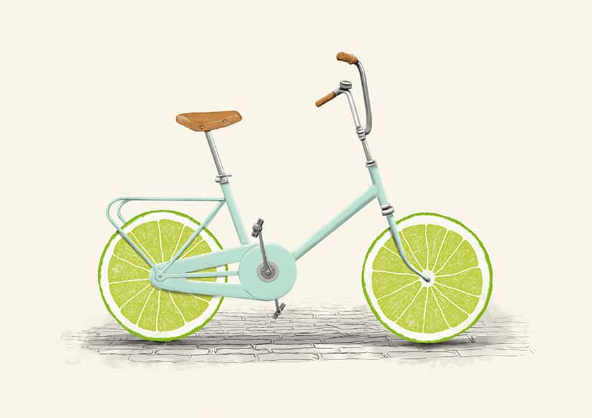 Ein Fahrrad mit Limettenscheiben als Räder.