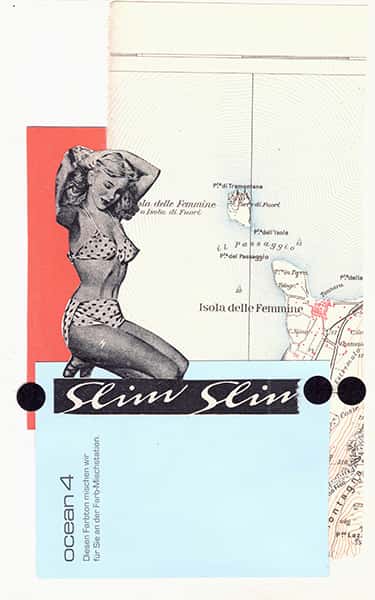 Eine Frau im Bikini und einem Schriftzug auf einer Weltkarte