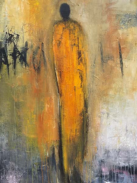 Eine abstrakte Malerei einer schwarzen Person in einem orangenen Kleid