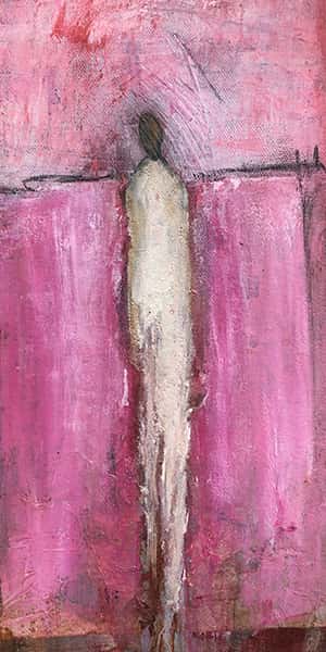 Eine abstrakte Malerei einer schwarzen Person in einem weißen Kleid auf pinken Hintergrund