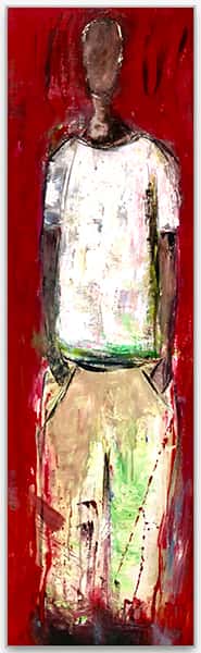 Eine abstrakte Malerei von einer Person auf rotem Hintergrund in einem weißen Schattenfugenrahmen