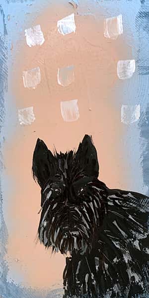 schwarzer Hund auf beigen Hintergrund mit blauer Umrandung