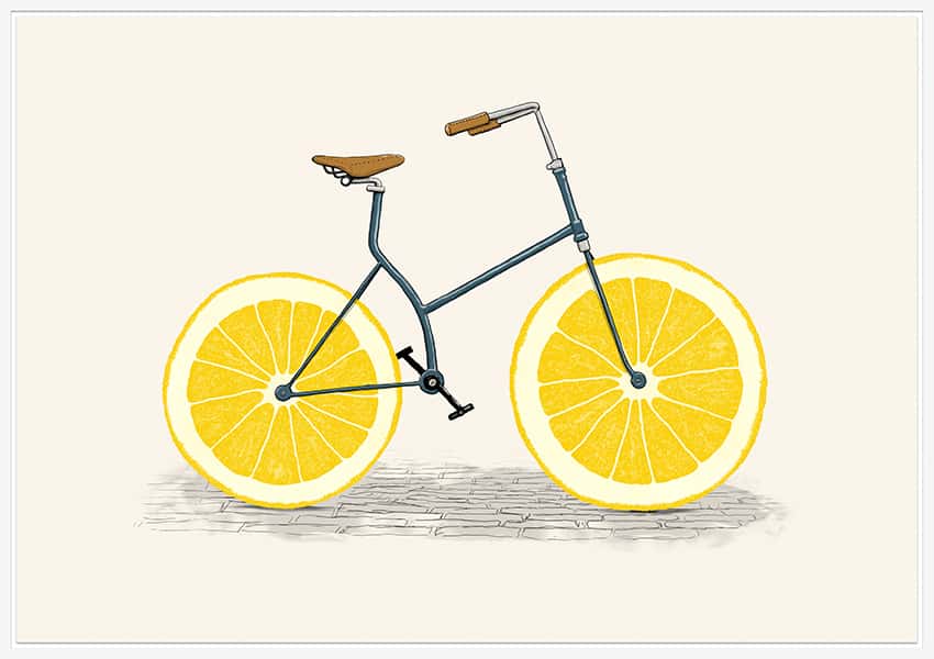 Ein Fahrrad mit Zitronenscheiben als Räder in einem weißen Schattenfugenrahmen