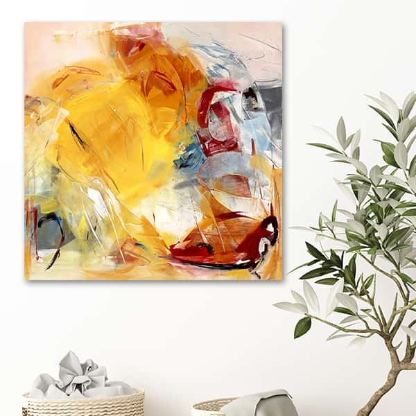 Malerei der Farben rot, orange, schwarz, gelb, blau und weiß miteinander Verknüpft in einem Raummilieu