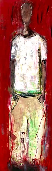 Eine abstrakte Malerei von einer Person auf rotem Hintergrund