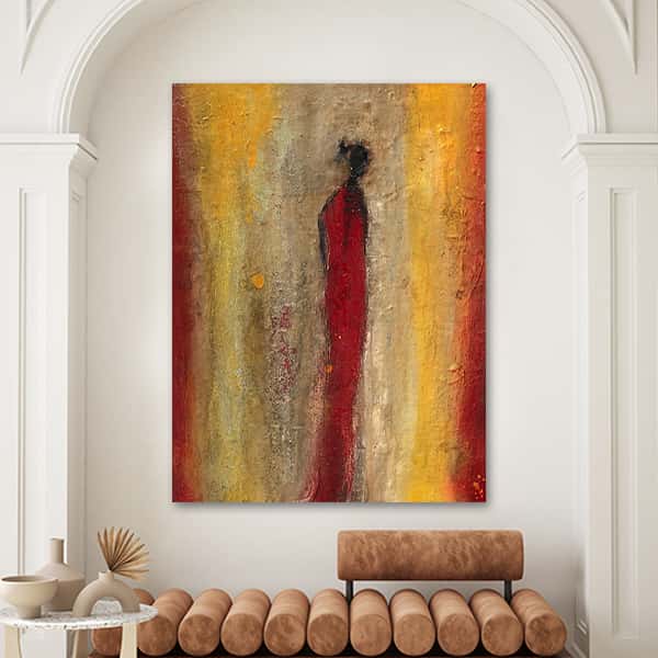 Eine abstrakte Malerei einer Person mit hellen und warmen Farben in einem Raummilieu