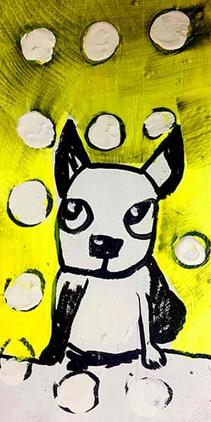 Eine abstrakte Malerei von einem Hund und punkte in beige um ihn herum