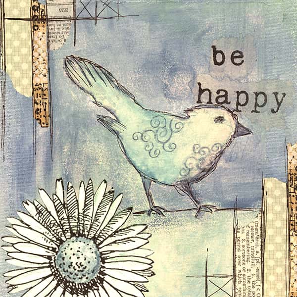 Ein Vogel und eine Blume und ein Schriftzug mit be happy