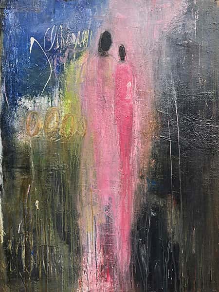 Eine abstrakte Malerei von zwei schwarzen Personen in einem pinken Kleid