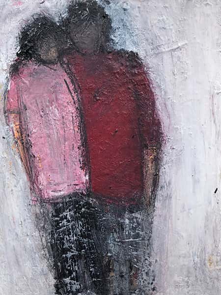 Eine abstrakte Malerei von zwei Personen mit roten und pinken T-Shirt