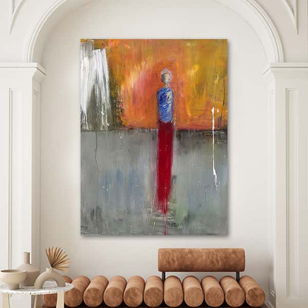 Eine abstrakte Malerei einer Person mit blauem Pullover und einer roten Hose in einem Raummilieu