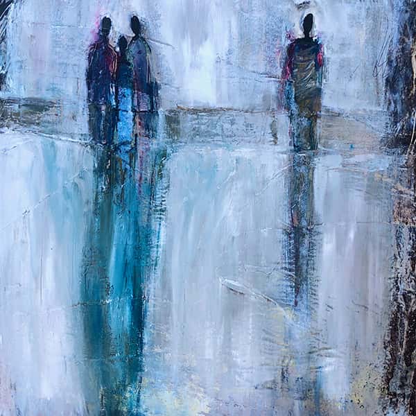 Eine abstrakte Malerei von mehreren Personen auf einem blauen Hintergrund