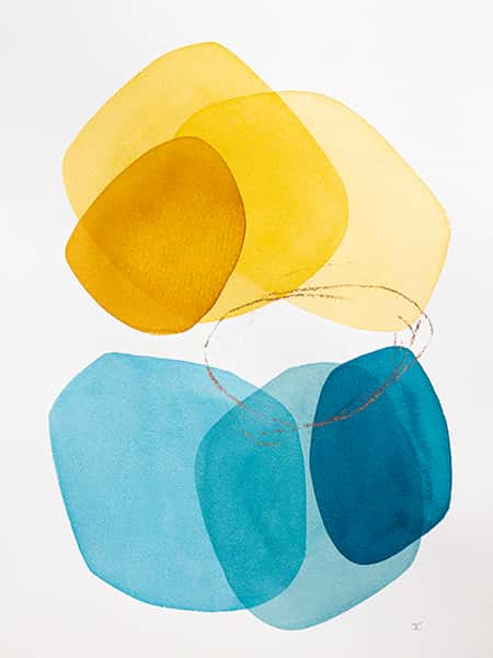 Runde Ovale Formen in blau und gelben Farben auf weißem Hintergrund