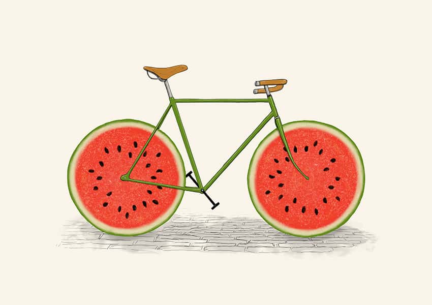 Ein Fahrrad mit Wassermelonenscheiben als Räder.