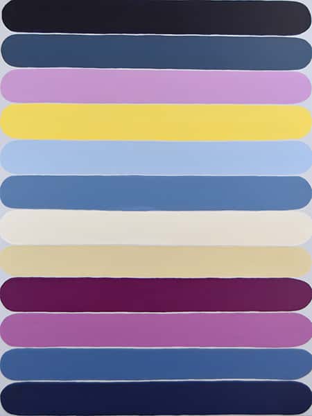 Anreihung von zwölf Farben darunter blau, pink, braun und violet als Streifen