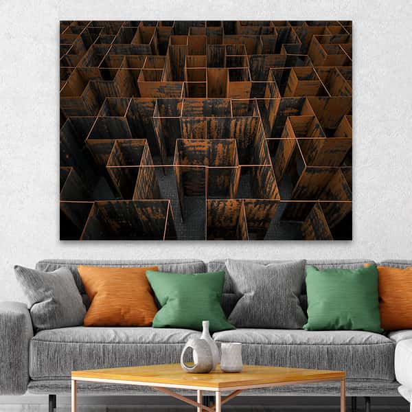 Ein rostiges Labyrinth als Architekltur Kunstwerk in einem Raummilieu