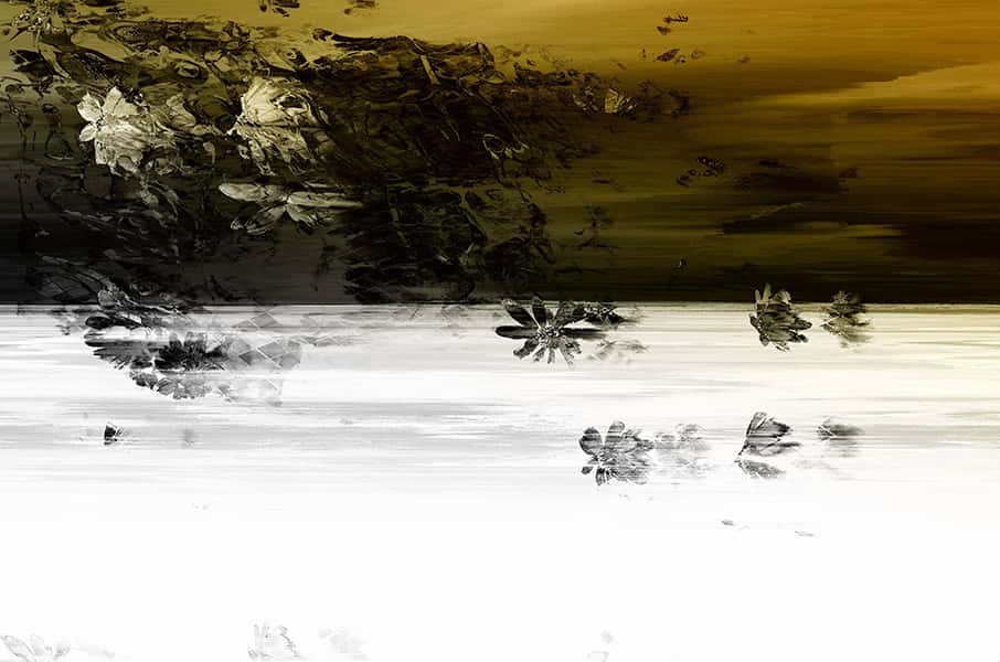 Darstellung von Blättern auf Wasser, geteilt wird das Bild in Weiß und Mokatöne