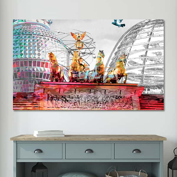 Eine Digitale Collage Der Berliner Zeituhr, der Quadrige und des Fernsehturmes in einem Raummilieu