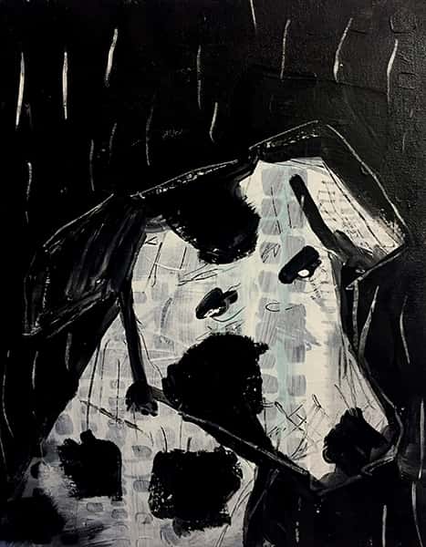 Eine abstrakte Malerei von einem Hund mit Flecken auf schwarzem Hintergrund