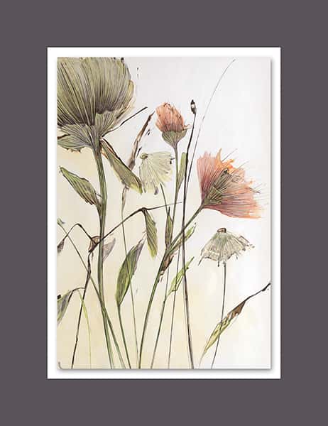 Naturzeichnung stellt Blumen mit farbigen Blüten, Gräser und Halme dar auf einem anthrazit Passepartout 1