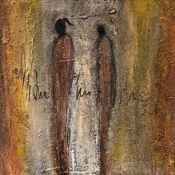 Eine abstrakte Malerei von zwei Personen mit einem braunen Kleid