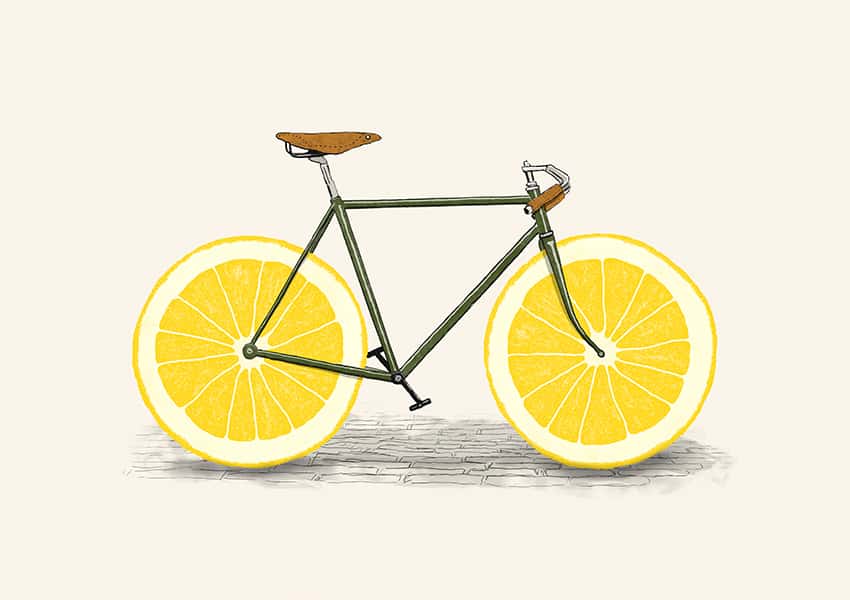 Ein sportliches Fahrrad mit Zitronenscheiben als Räder.