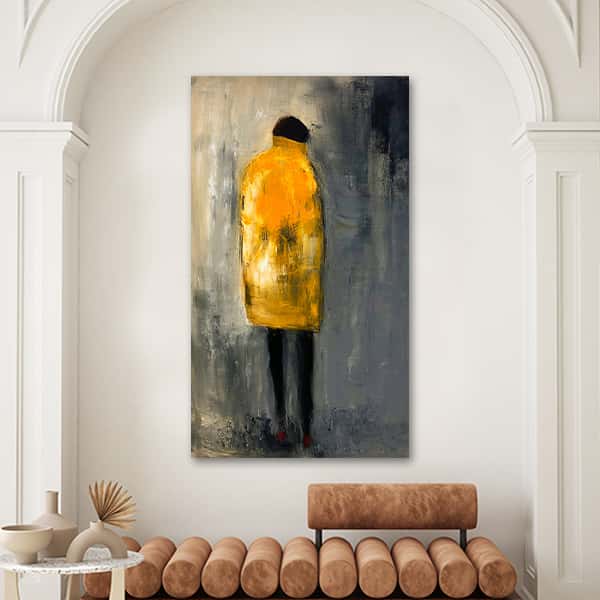 Eine abstrakte Malerei von einer Person mit orangenem Oberkörper in einem Raummilieu