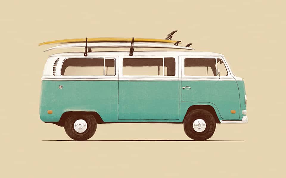 Ein Grün Weißer Vintage Van mit Surfbrett.