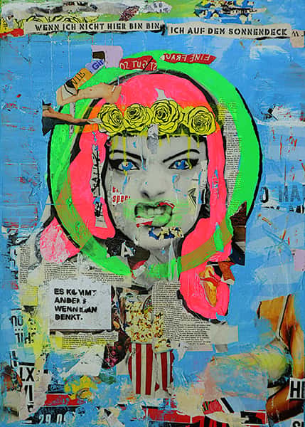 Eine Frau mit pinken Haaren in einer PopArt Collage
