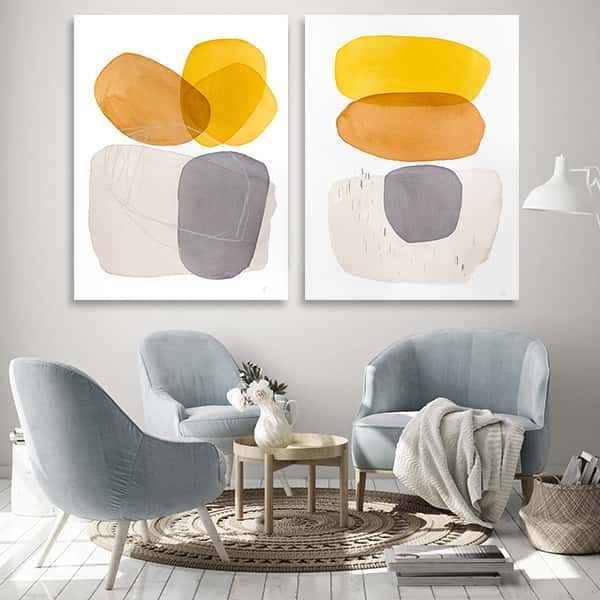 Eckige Runde Ovale Formen in gelb, orange und dunkelgrau Farben & Eckige Runde Ovale Formen in orange, gelb, hell- und dunkelgrauen Farben in einem Raummilieu als Bundle