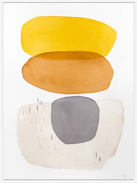 Eckige Runde Ovale Formen in orange, gelb, hell- und dunkelgrauen Farben in einem weißen Schattenfugenrahmen