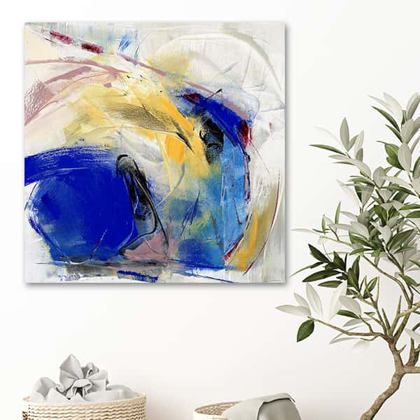 Abstrakte Malerei der Farben blau, lila, gelb und weiß miteinander Verknüpft in einem Raumilieu