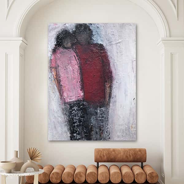 Eine abstrakte Malerei von zwei Personen mit roten und pinken T-Shirt in einem Raummilieu